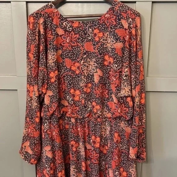 Free People Teegan Mini Dress in Peach Combo Long Sleeve Surplice Neck Sz Medium - Picture 11 of 15